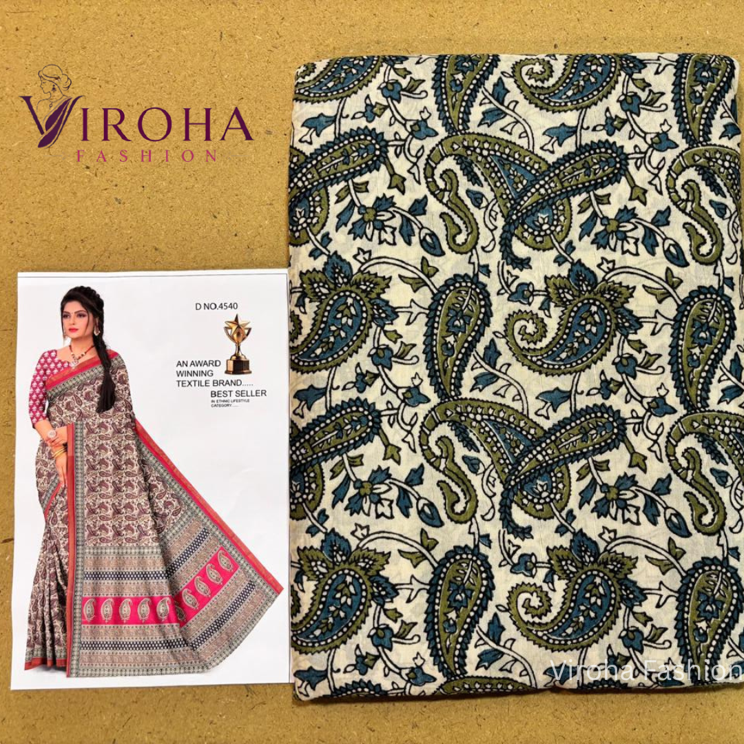 Printed Handloom Pure Cotton Saree (Green)