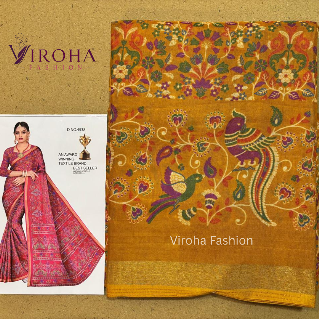 Printed Handloom Pure Cotton Saree (Yellow)