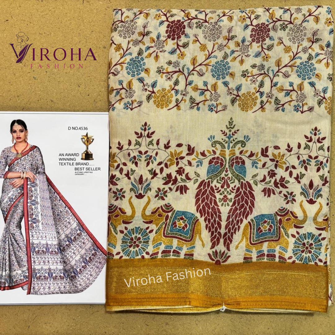 Printed Handloom Pure Cotton Saree (Yellow)